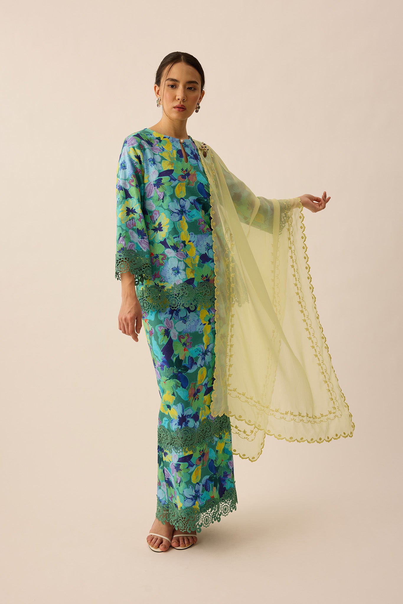 Embroidered Chiffon Shawl in Lime