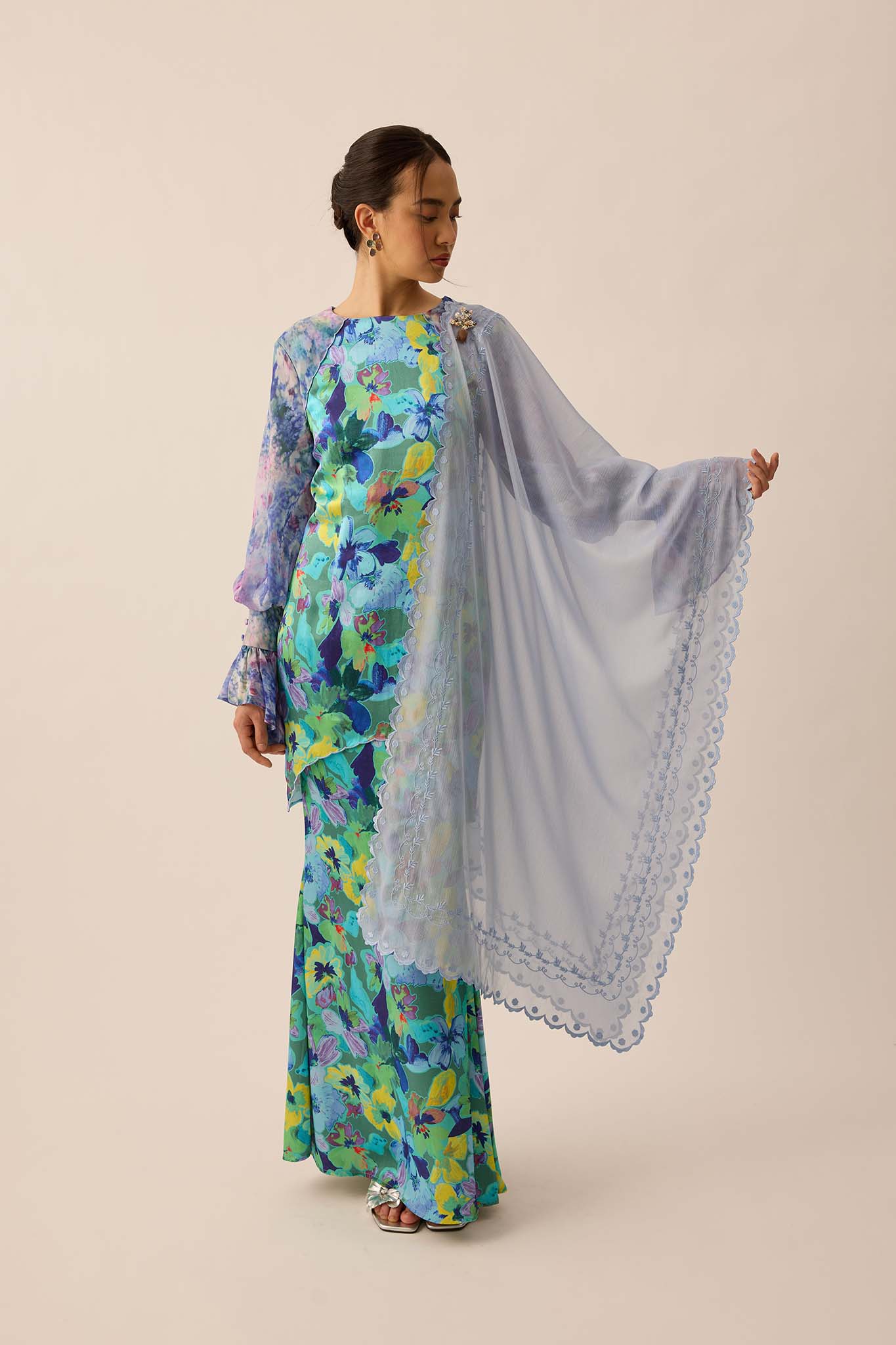 Embroidered Chiffon Shawl in Sky