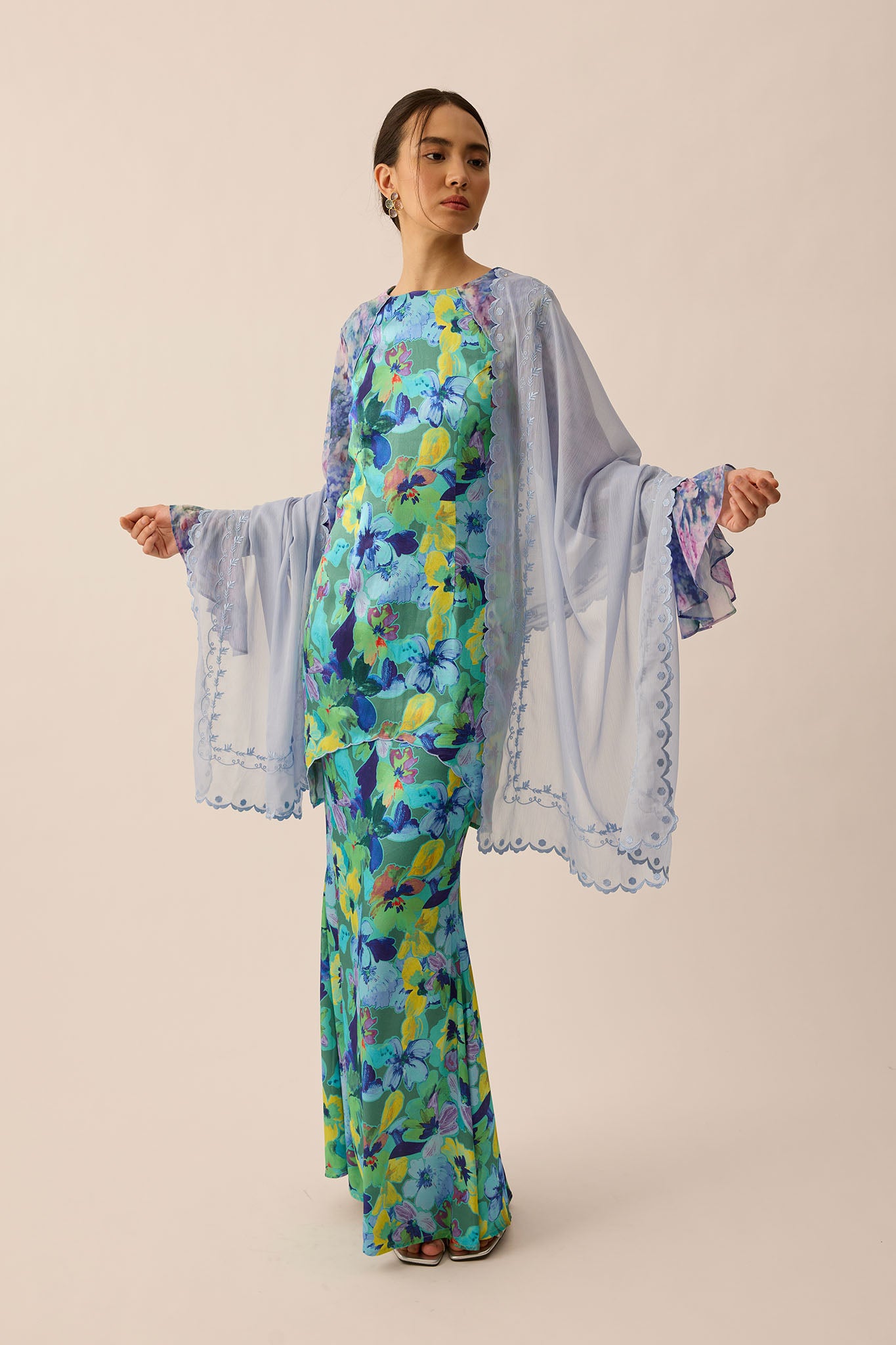 Embroidered Chiffon Shawl in Sky