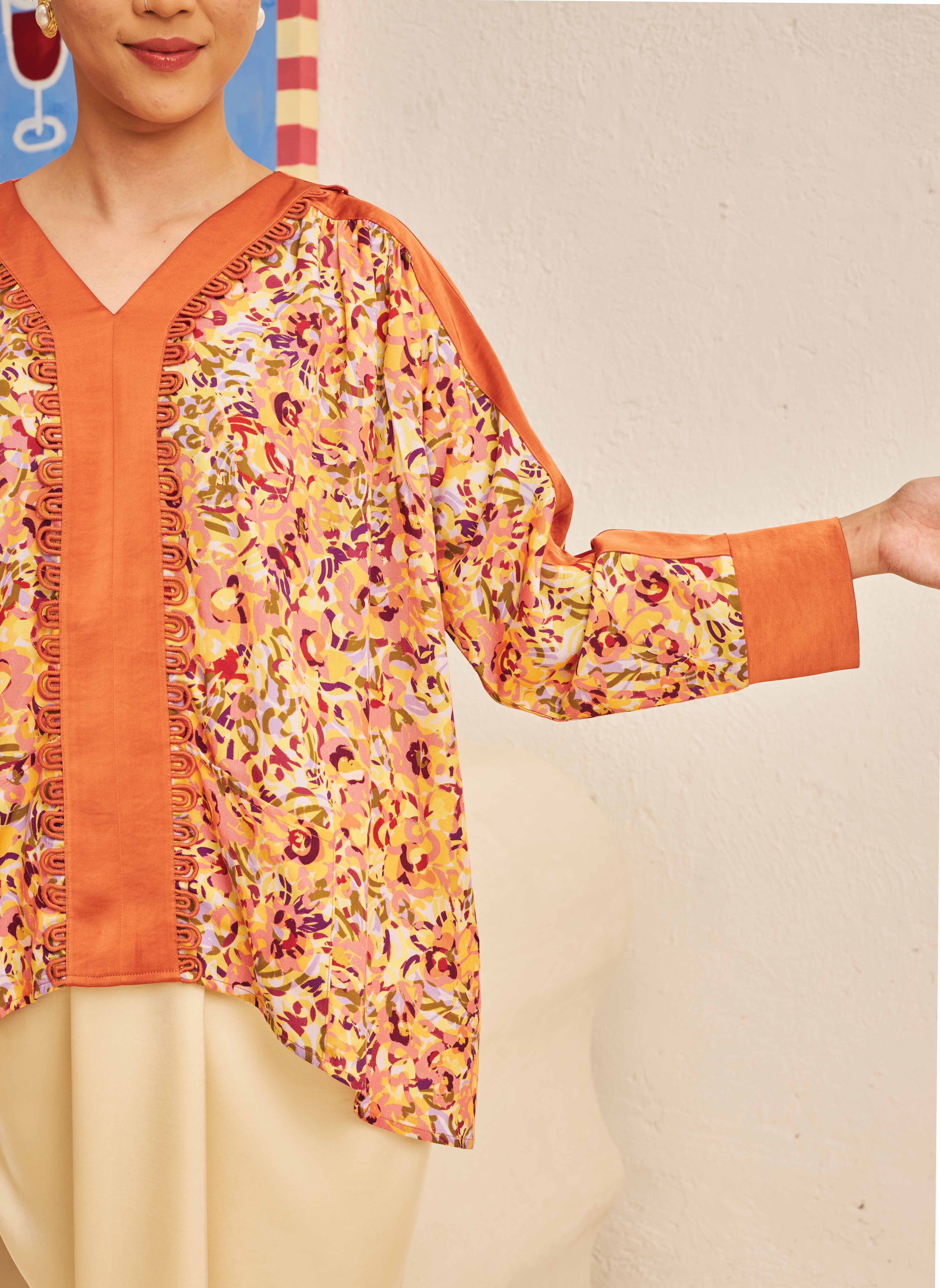 FLORES Long Sleeve Contrast Blouse in Clementine