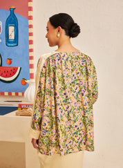 FLORES Long Sleeve Contrast Blouse in Evergreen