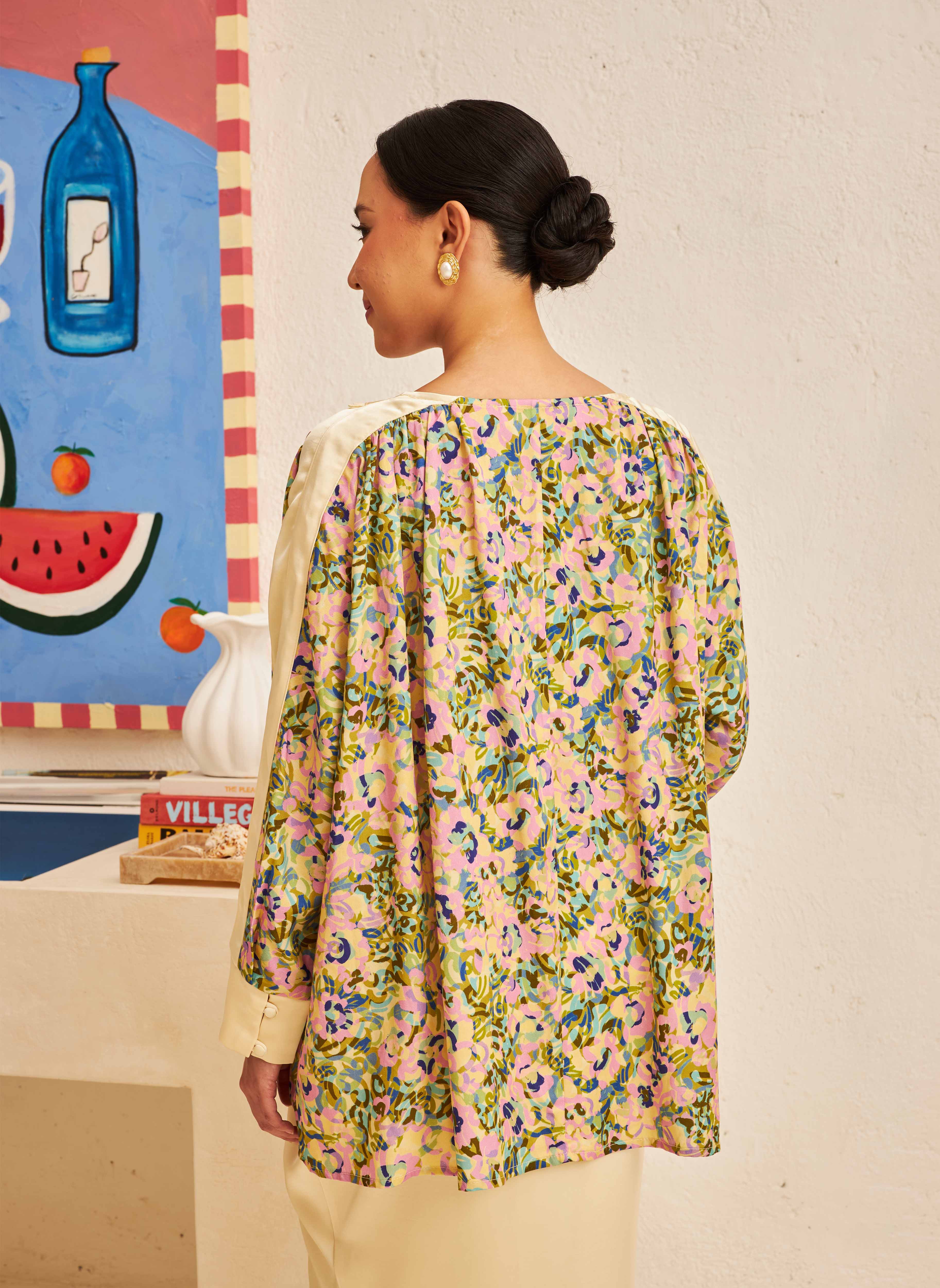FLORES Long Sleeve Contrast Blouse in Evergreen