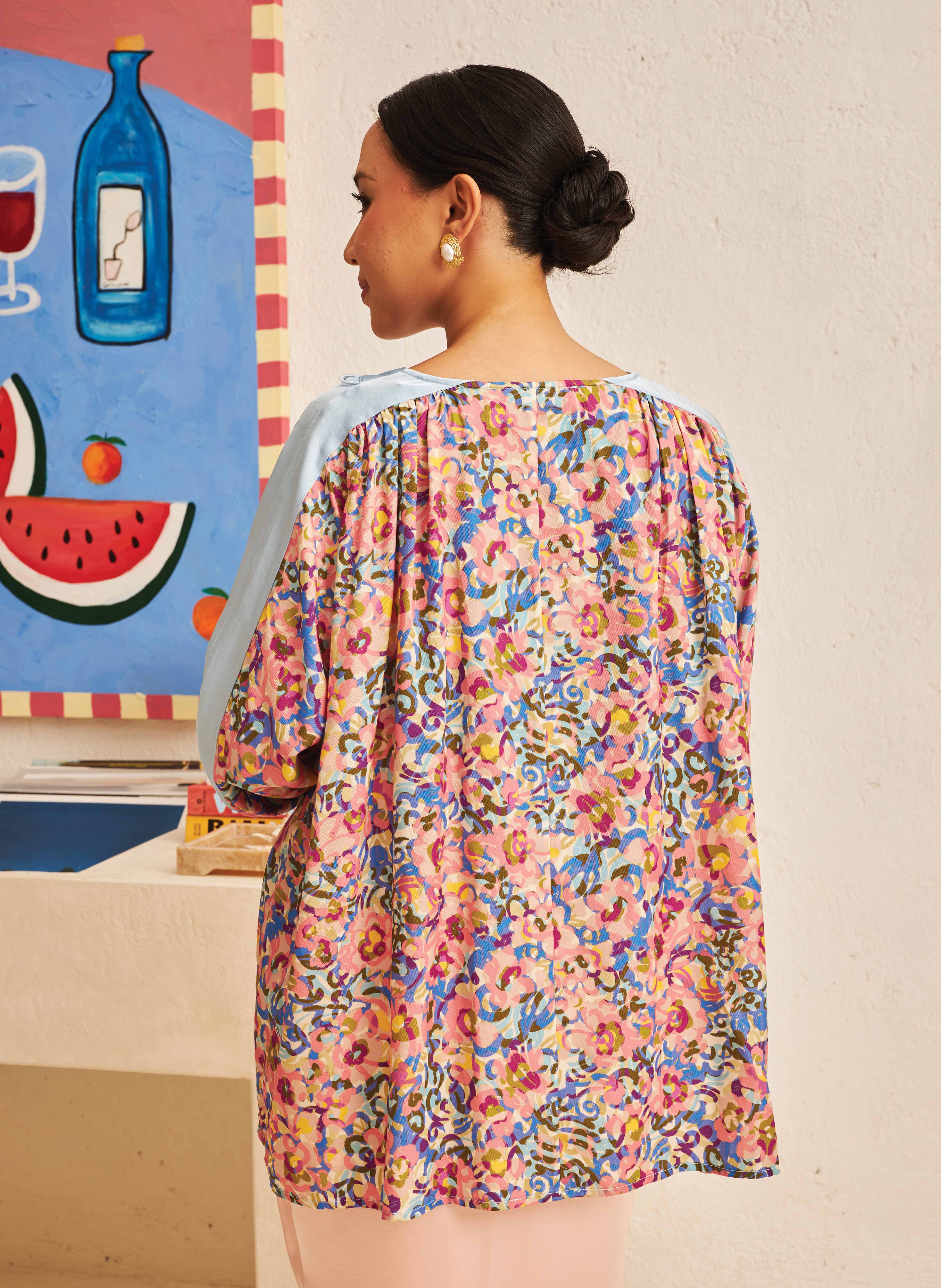 FLORES Long Sleeve Contrast Blouse in Iris