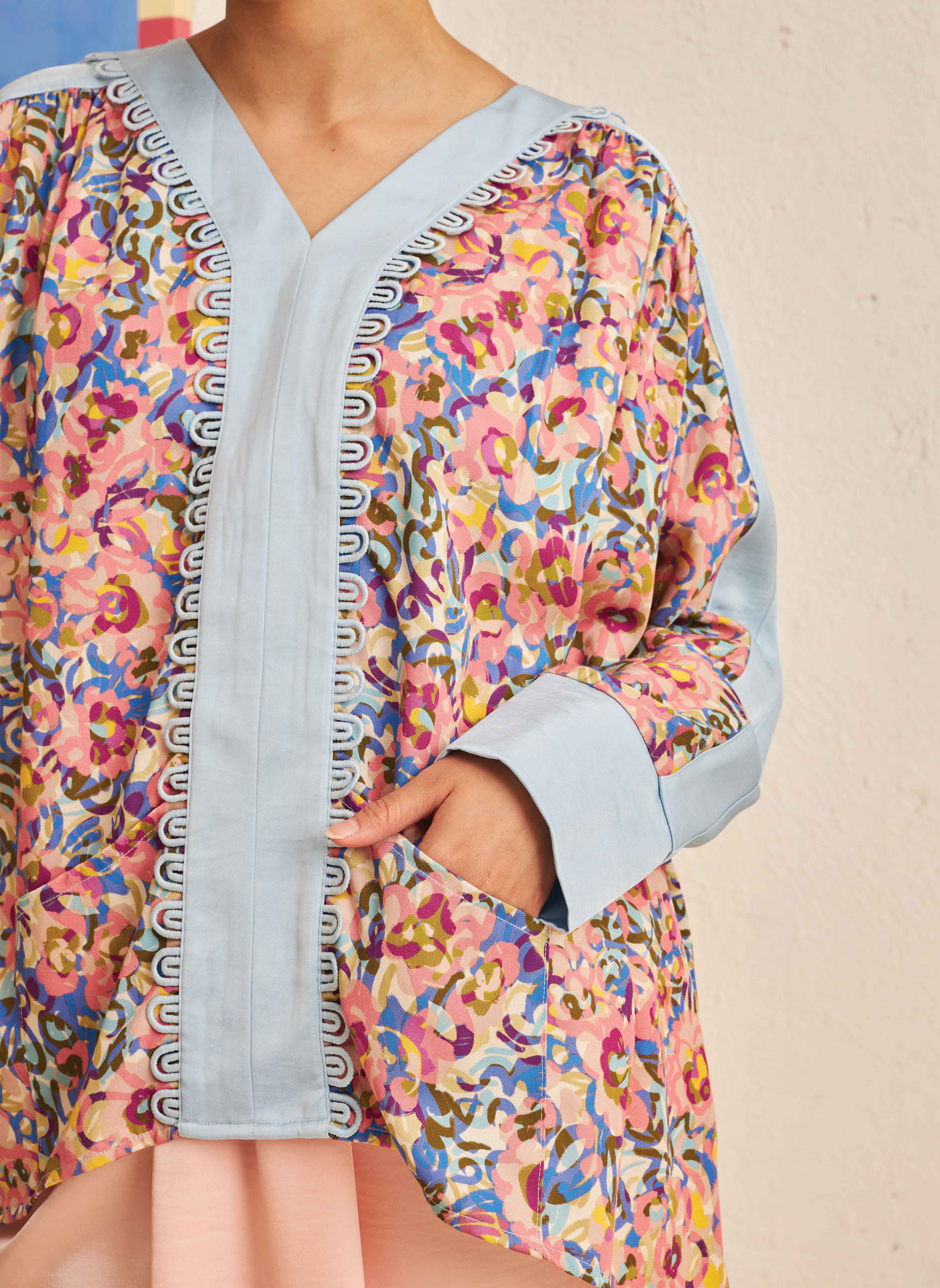 FLORES Long Sleeve Contrast Blouse in Iris