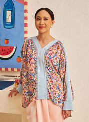 FLORES Long Sleeve Contrast Blouse in Iris