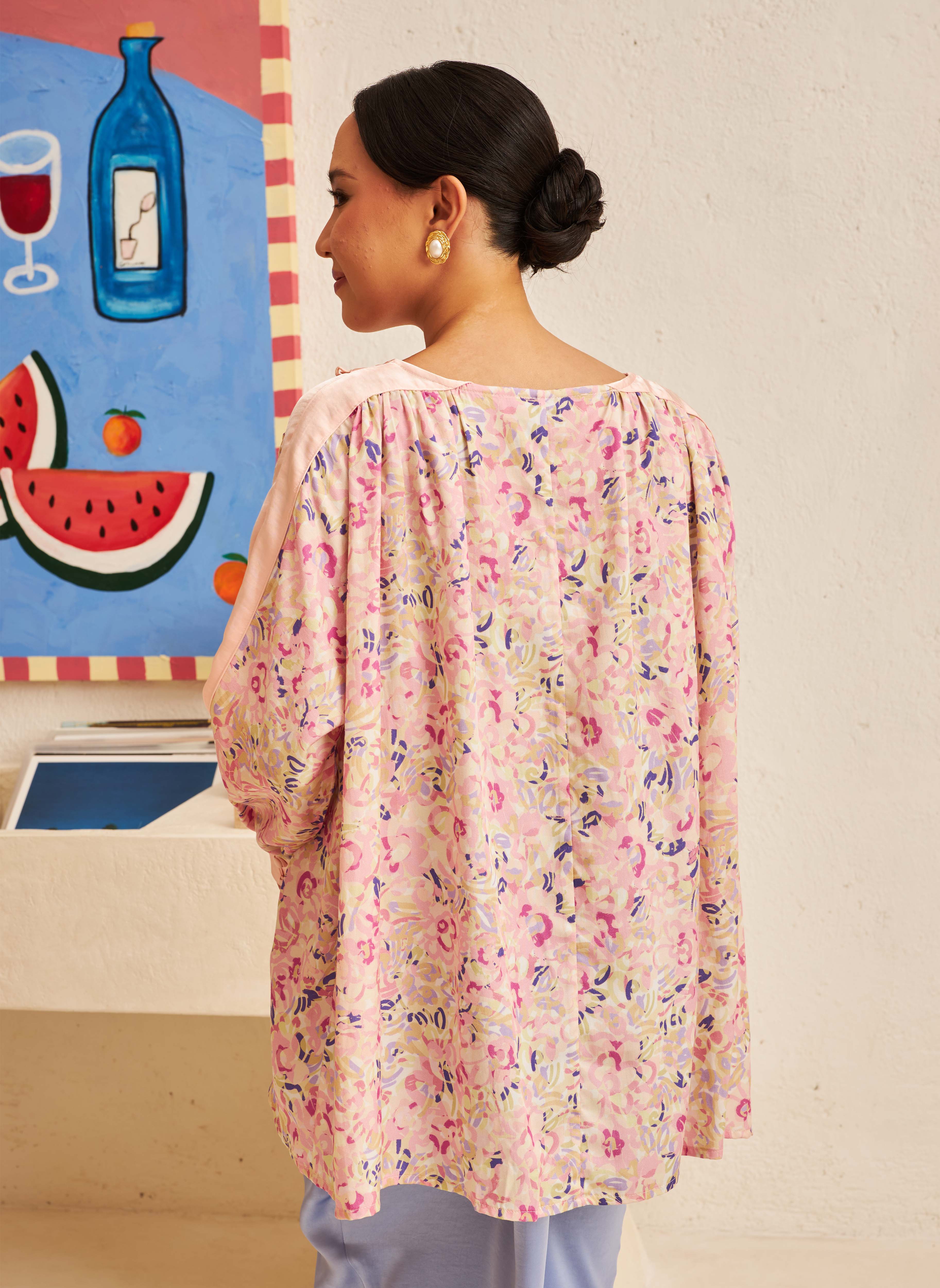FLORES Long Sleeve Contrast Blouse in Petal
