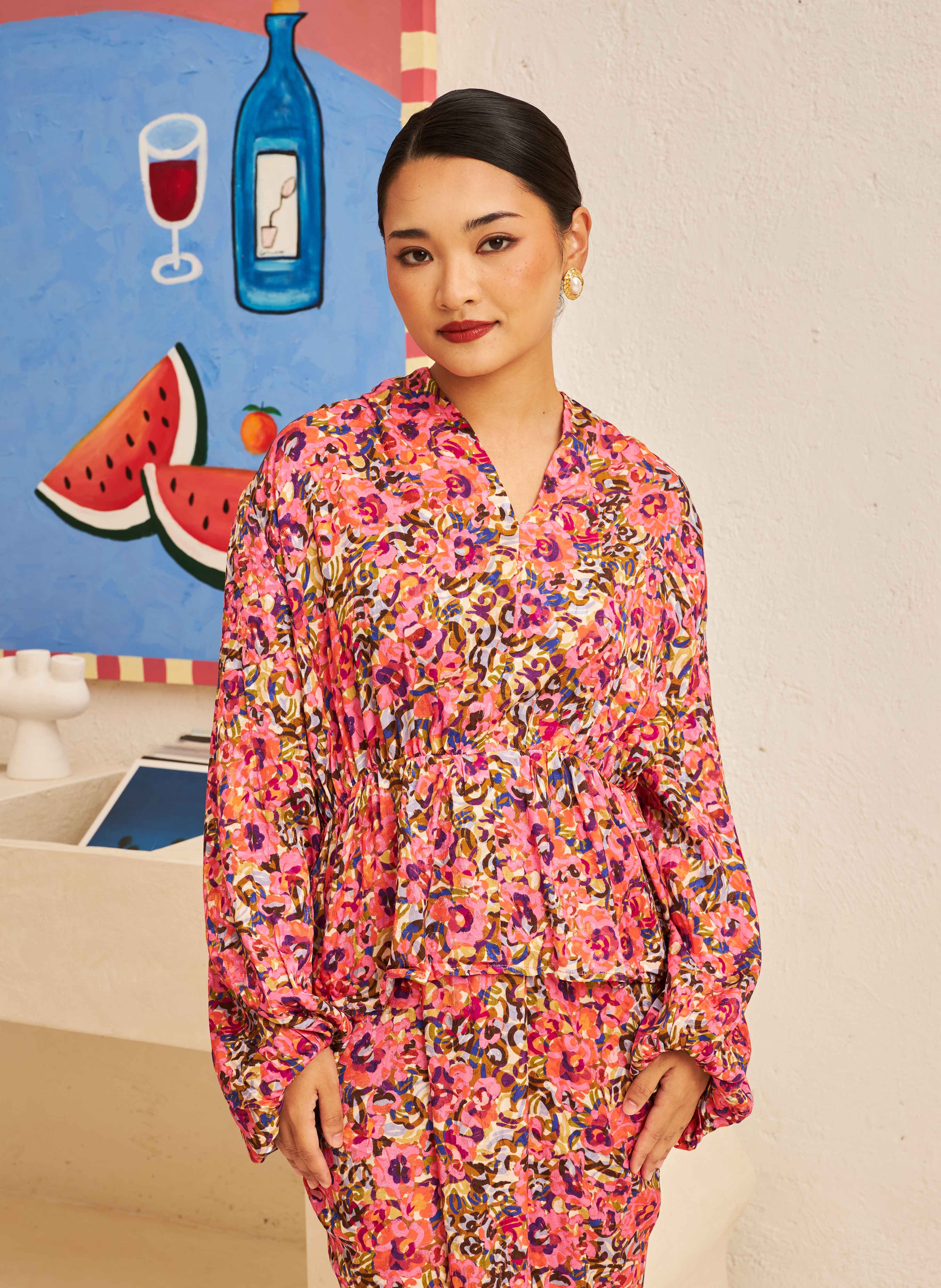 FLORES Draped Blouse in Cerise
