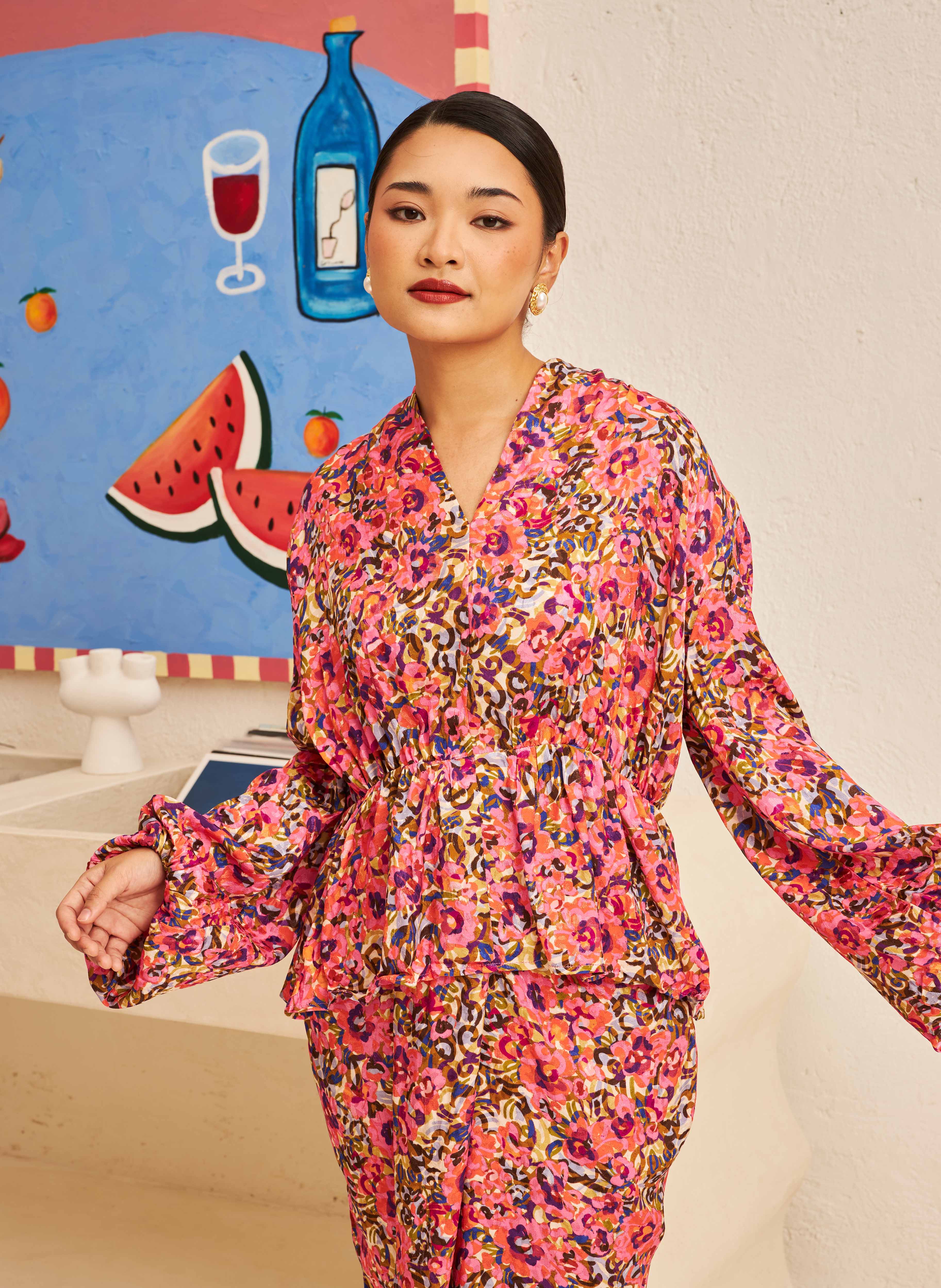 FLORES Draped Blouse in Cerise