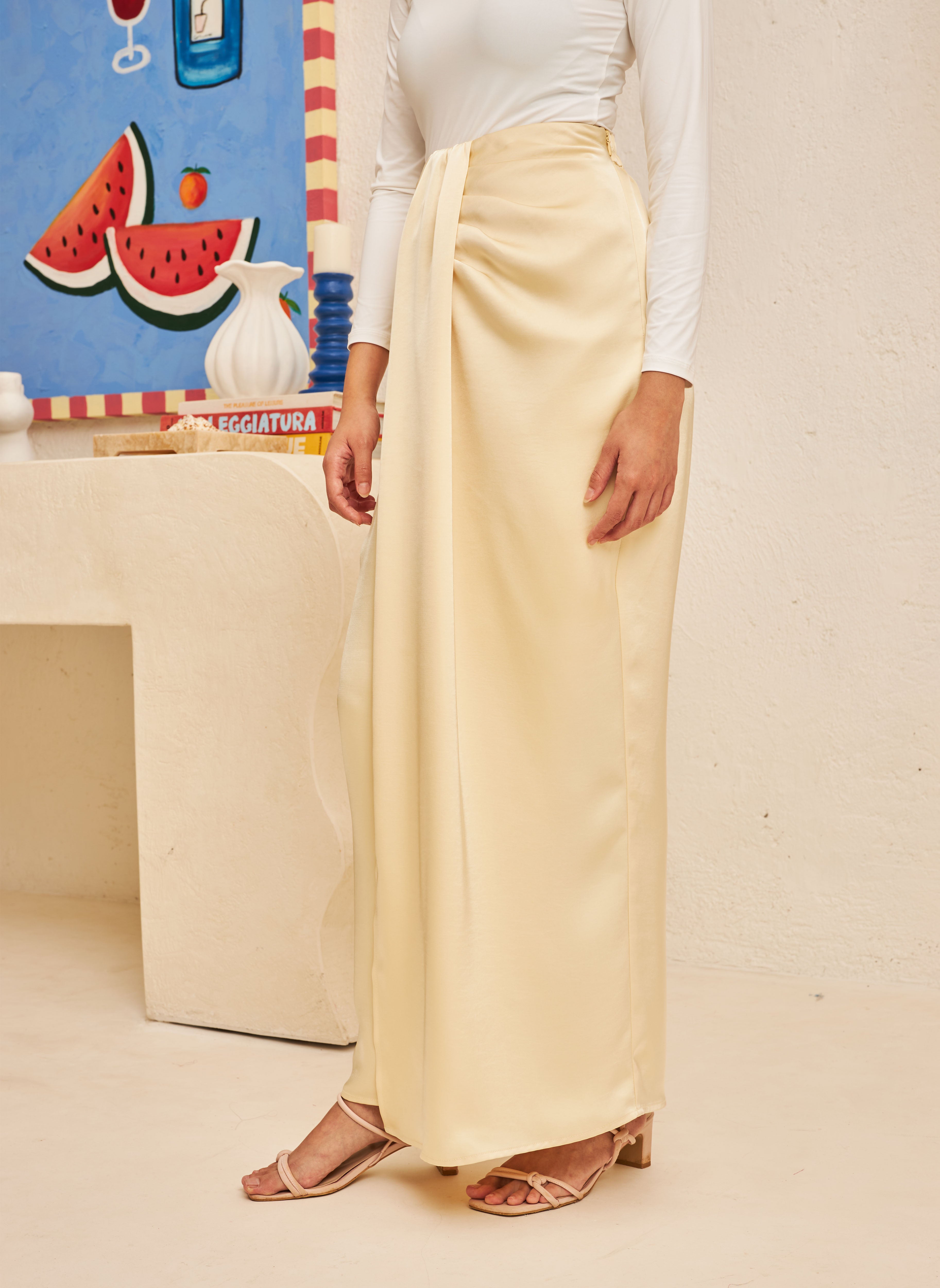 Glossy Draped Skirt in Pearl
