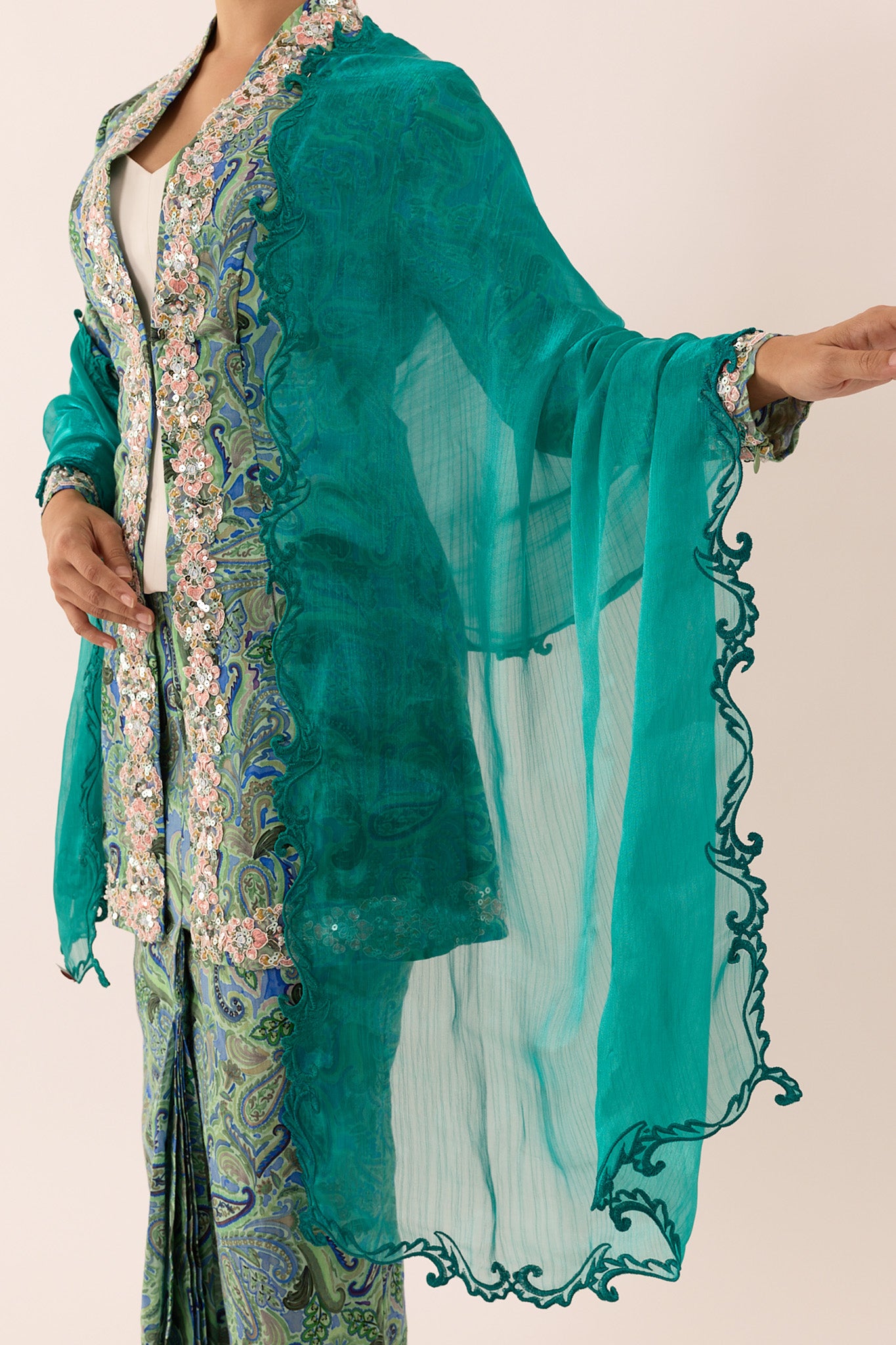 Becoming Embroidered Shawl in Tide