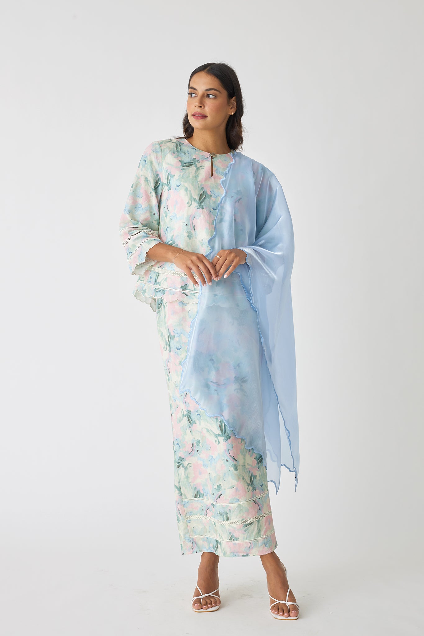 Embroidered Organza Shawl in Sky Blue