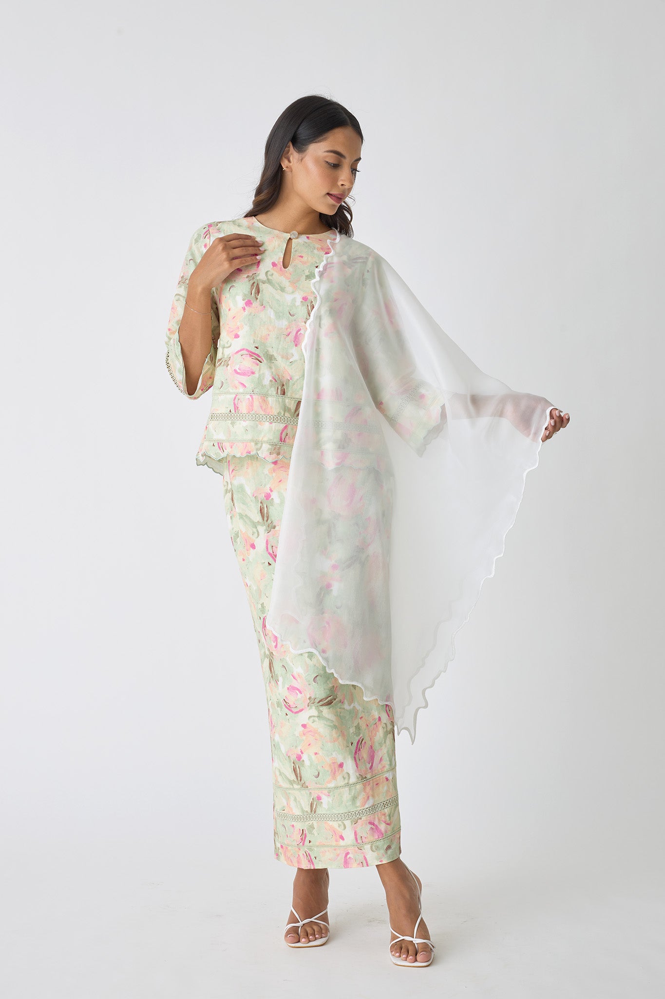 Embroidered Organza Shawl in Off White