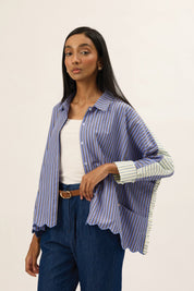 TRIOGATHER Long Sleeve Striped Boxy Shirt in Steely
