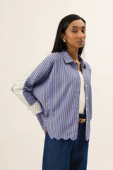 TRIOGATHER Long Sleeve Striped Boxy Shirt in Steely