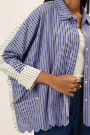 TRIOGATHER Long Sleeve Striped Boxy Shirt in Steely