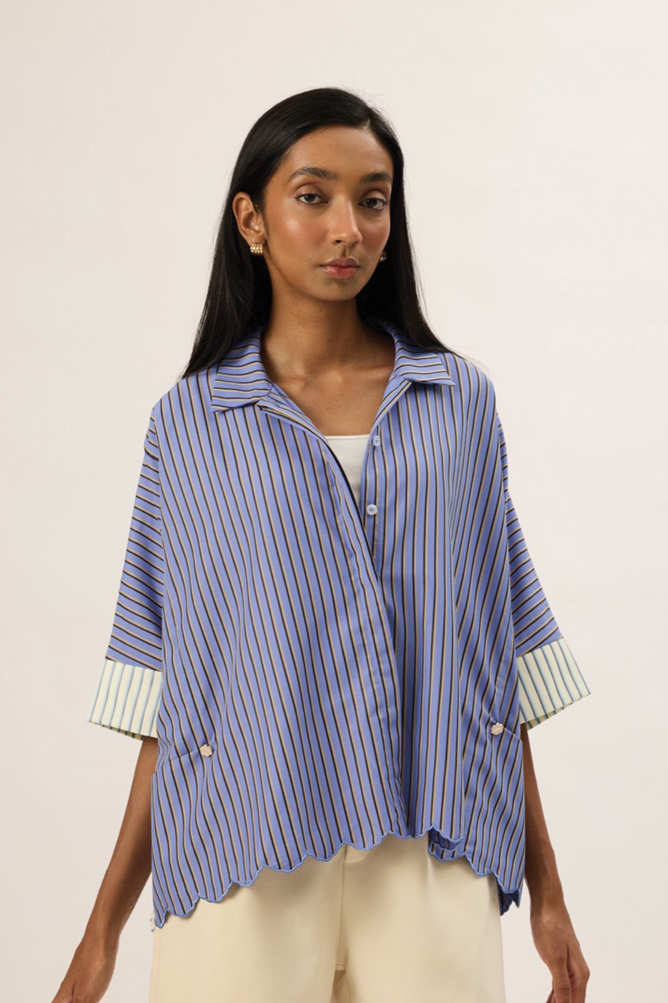 TRIOGATHER Striped Boxy Shirt in Steely