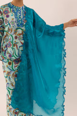 Glossy Embroidered Shawl in Surf