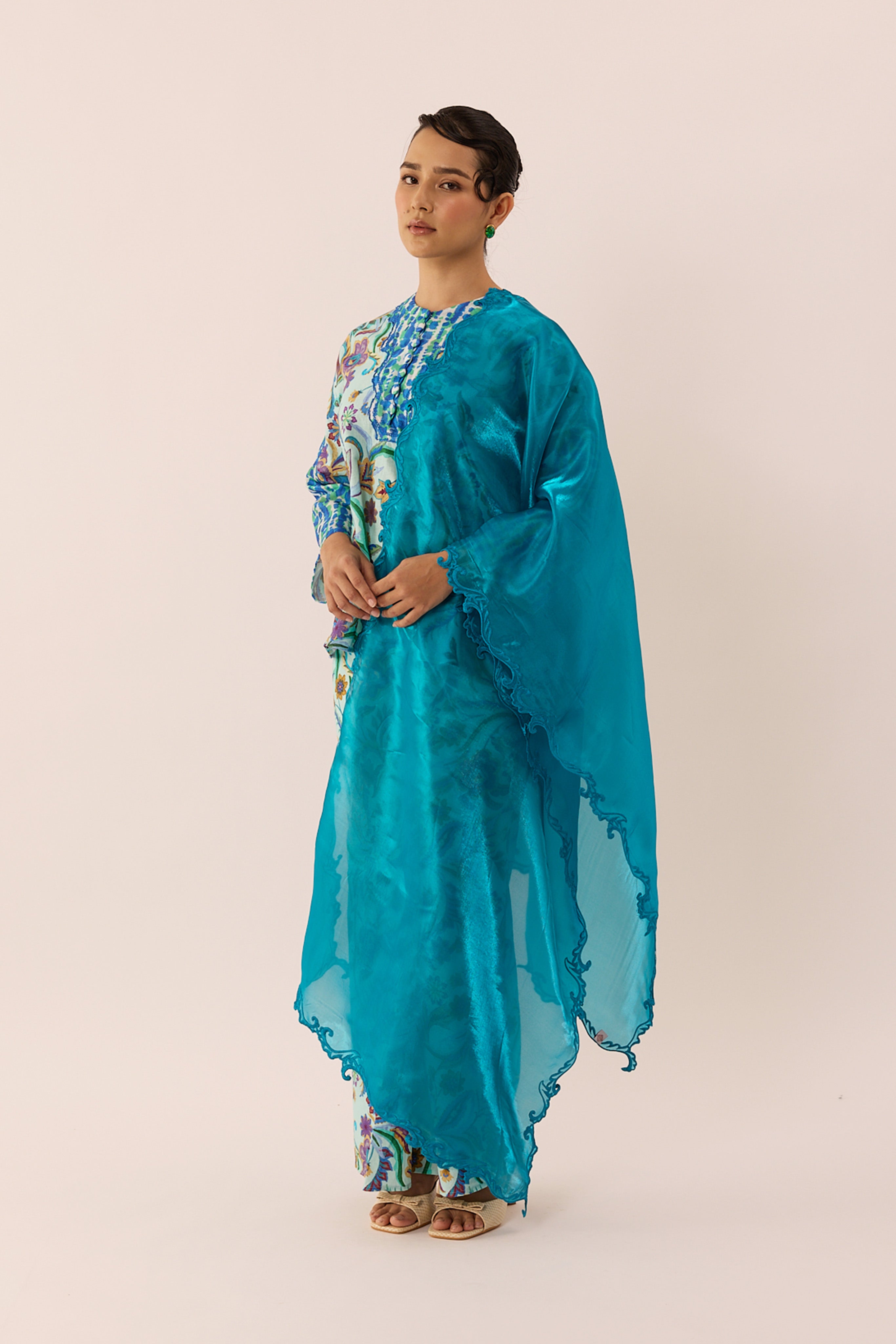 Glossy Embroidered Shawl in Surf