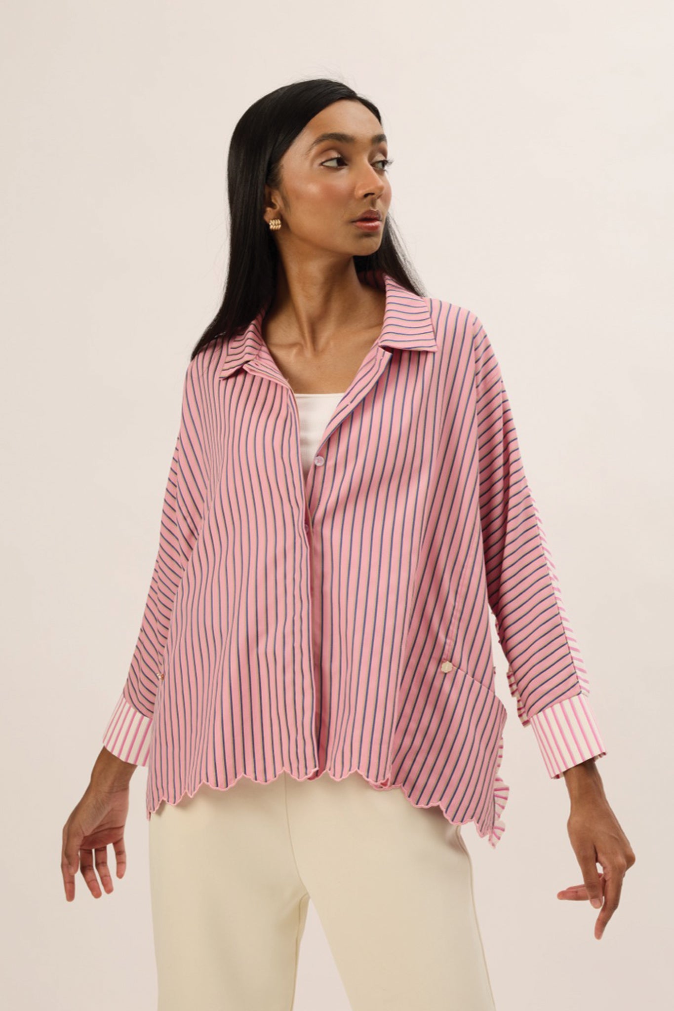 TRIOGATHER Long Sleeve Striped Boxy Shirt in Taffy