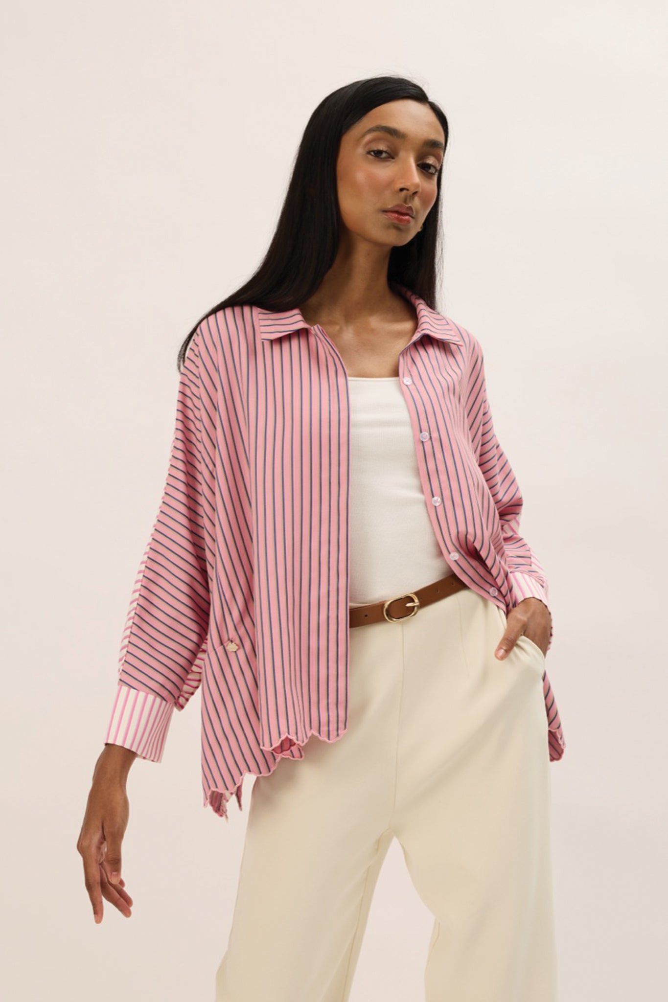 TRIOGATHER Long Sleeve Striped Boxy Shirt in Taffy