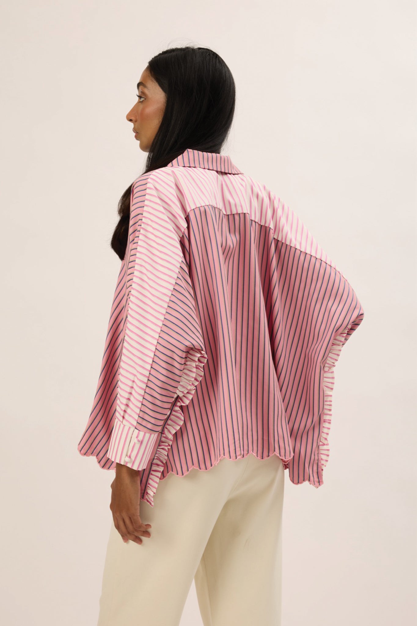 TRIOGATHER Long Sleeve Striped Boxy Shirt in Taffy