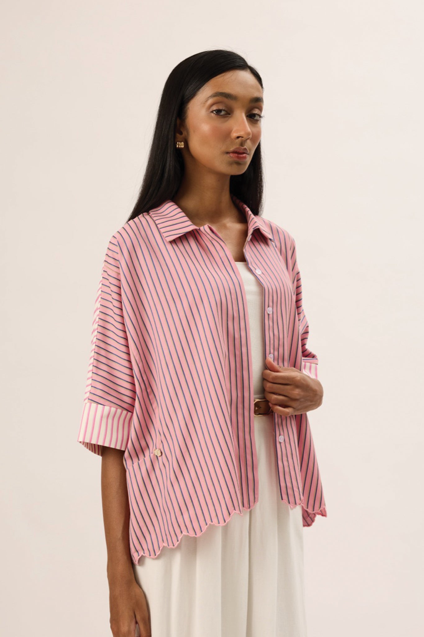 TRIOGATHER Striped Boxy Shirt in Taffy