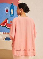Textured Long Sleeve Easy Blouse in Coral