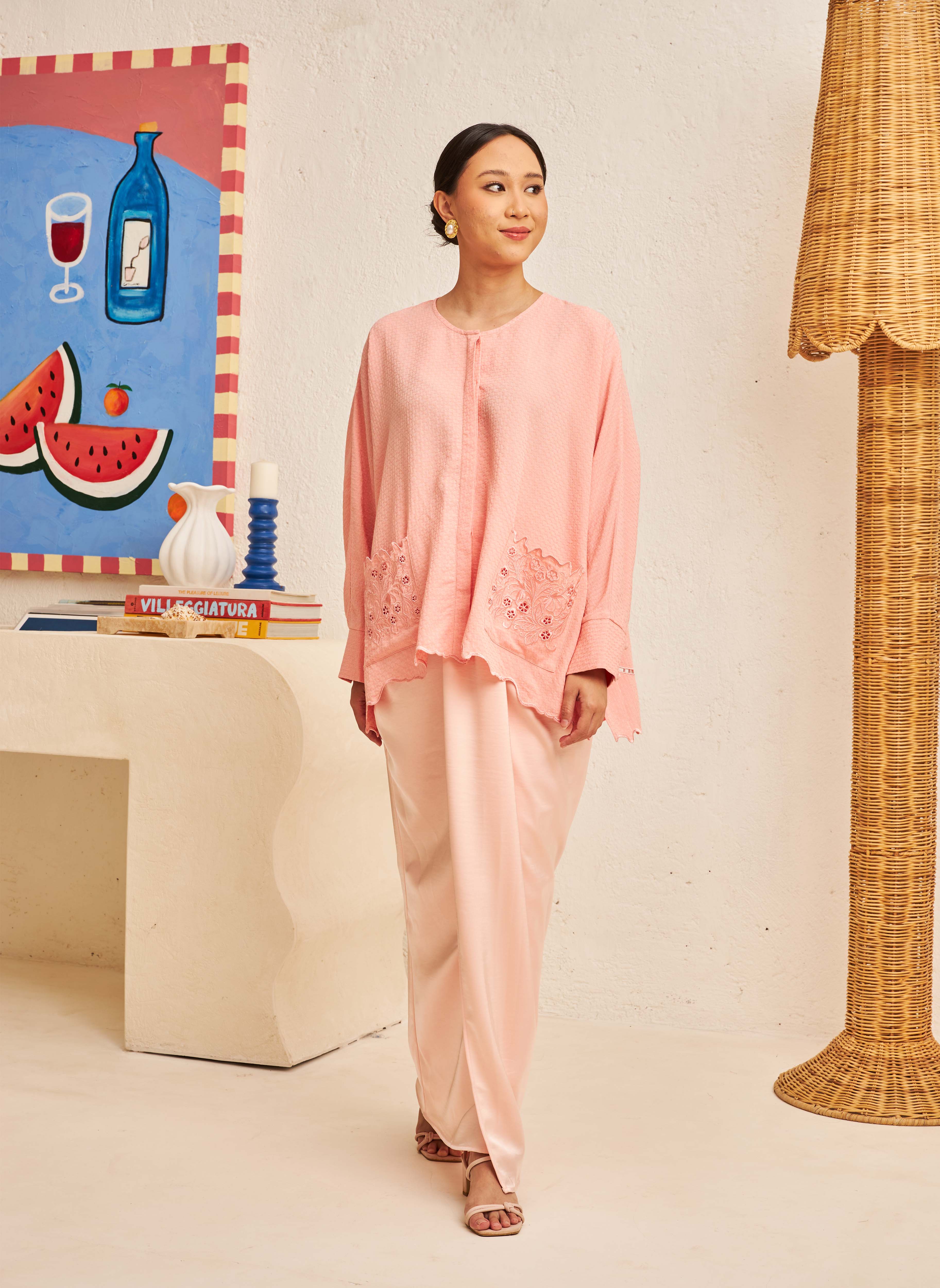 Textured Long Sleeve Easy Blouse in Coral
